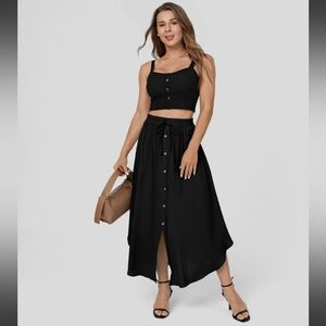 High Waisted Drawstring Button Side Pocket Flowy Midi Skirt - Sz L